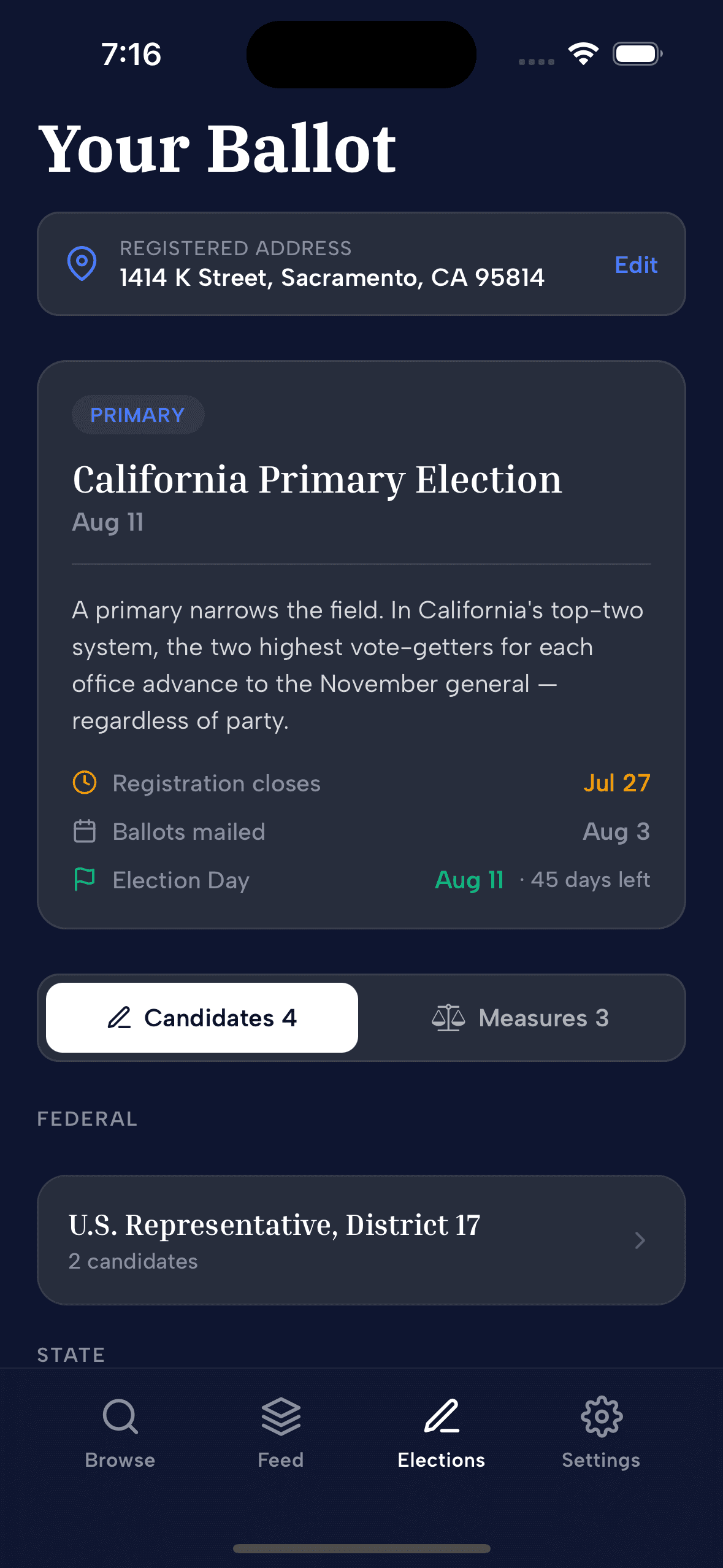 Billion iOS Elections screen showing ballot information